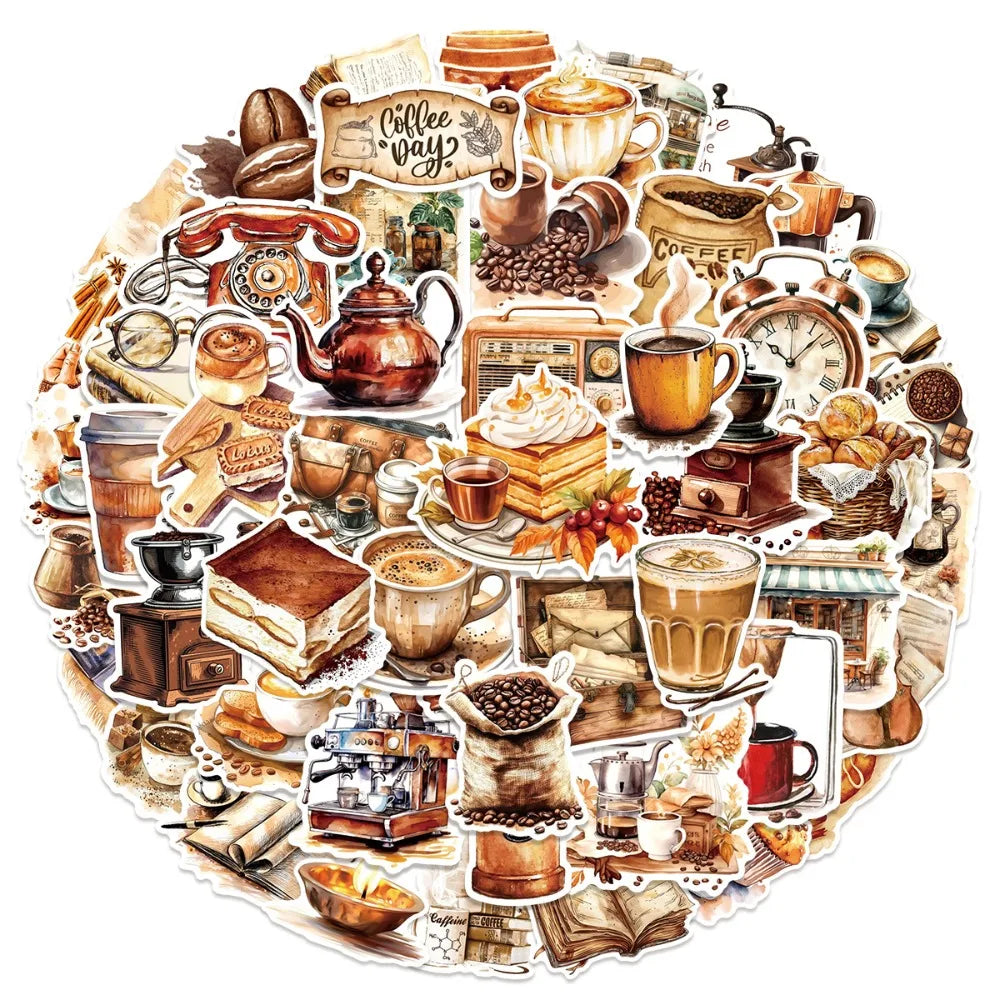 10/25/50pcs Retro Cafe Coffee Stickers Graffiti for DIY