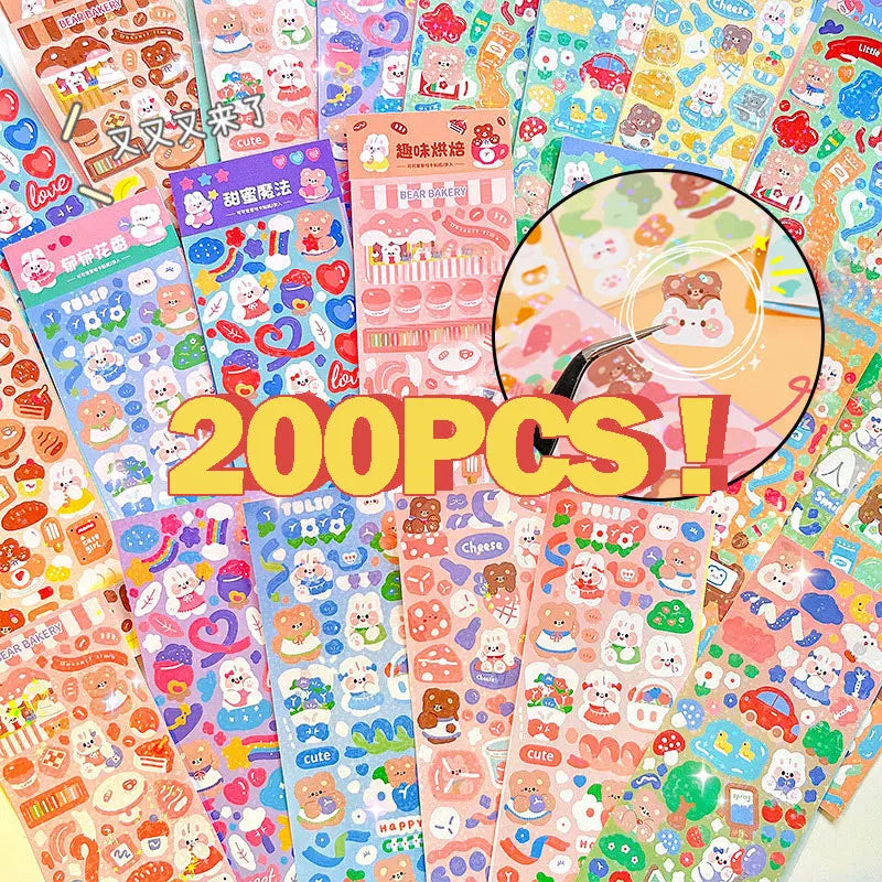 10-200Pcs Kawaii Handbook Stickers Cartoon Collage Laser Sticker DIY Decorative Scrapbooking Journals Stationery