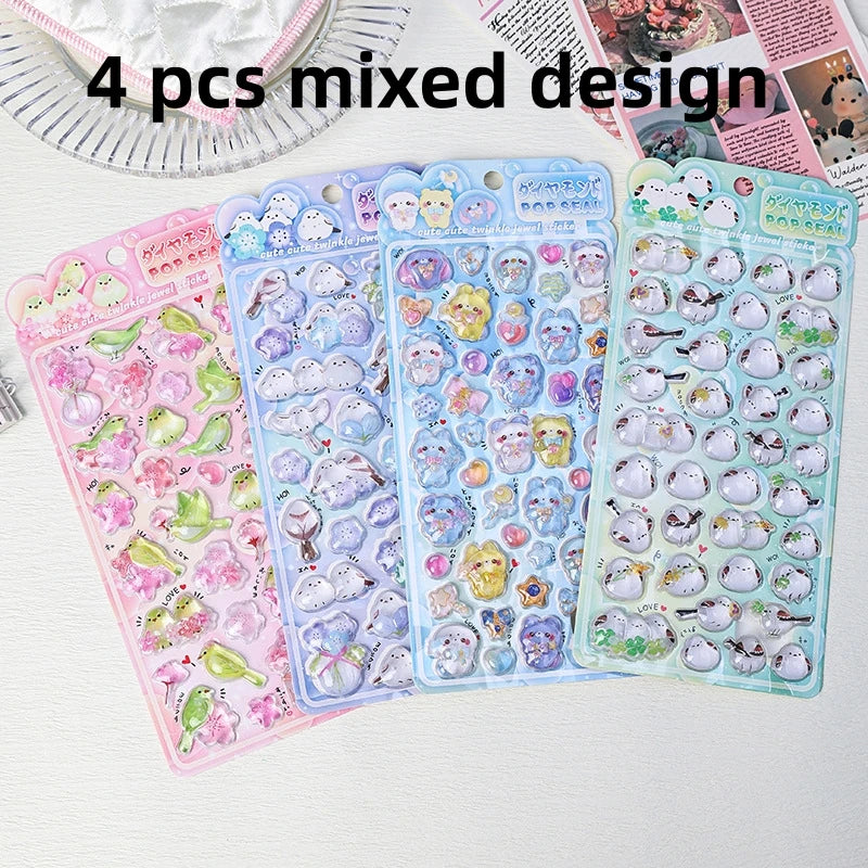 1 pc/4 pcs Cute Cartoon Birds Bear Drop 3D Relief Stickers Journaling DIY Diary Stationery Sticker