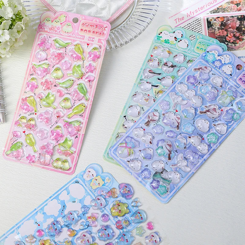 1 pc/4 pcs Cute Cartoon Birds Bear Drop 3D Relief Stickers Journaling DIY Diary Stationery Sticker