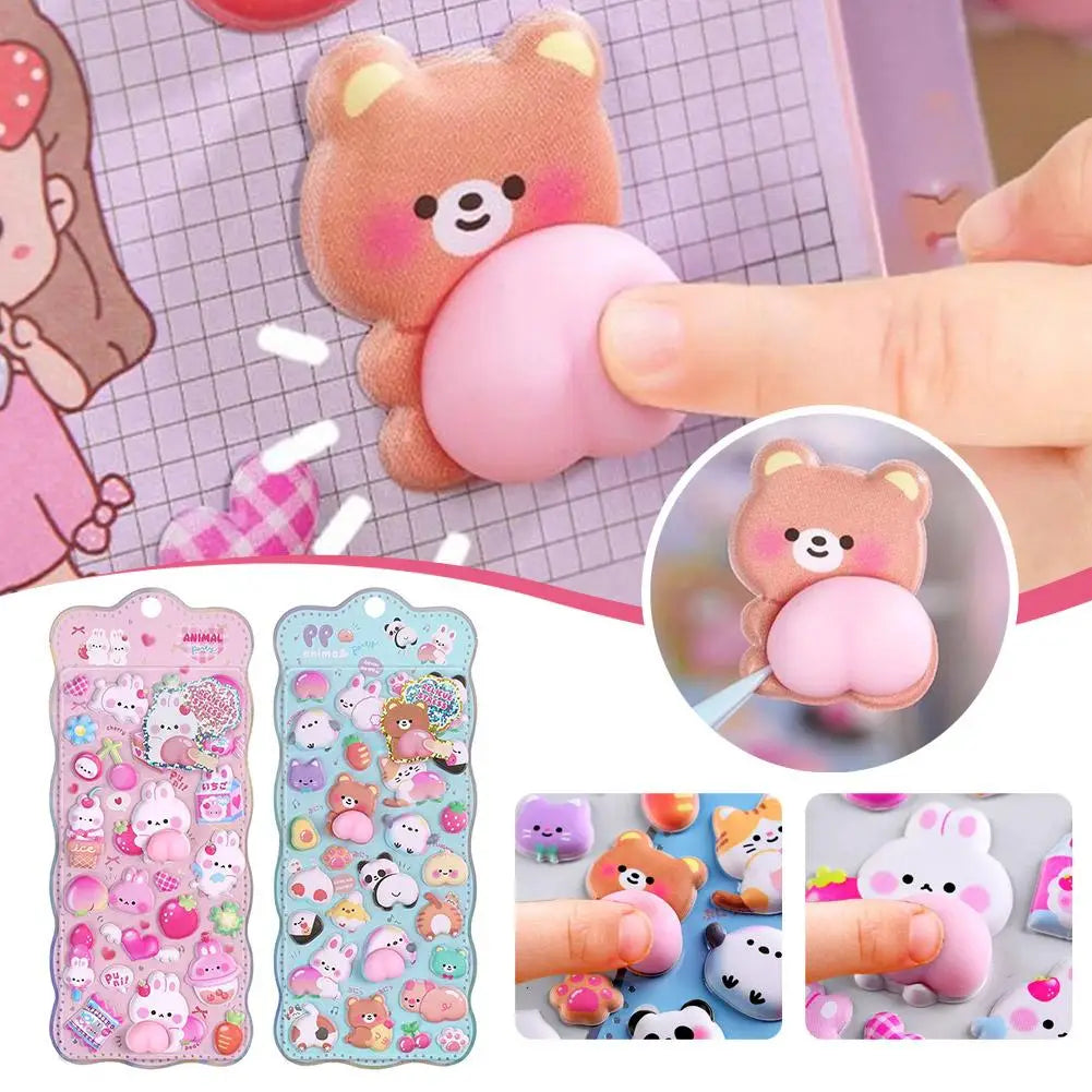 Kawaii Cartoon Soft Cute Little Rabbit 3D Pinching Relaxing Butt Stickers Cute DIY Mobile Book Decoration Stickers