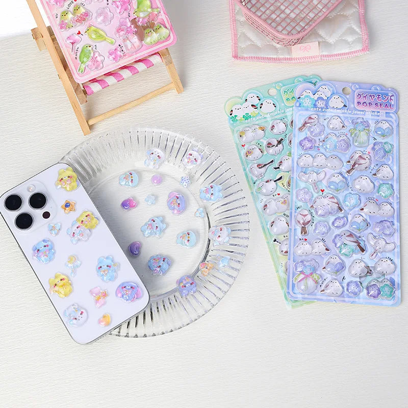 1 pc/4 pcs Cute Cartoon Birds Bear Drop 3D Relief Stickers Journaling DIY Diary Stationery Sticker