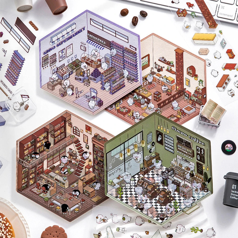 1-4Pcs Cartoon Miniature Scene 3D Landscaping Stickers DIY Cabin Scene