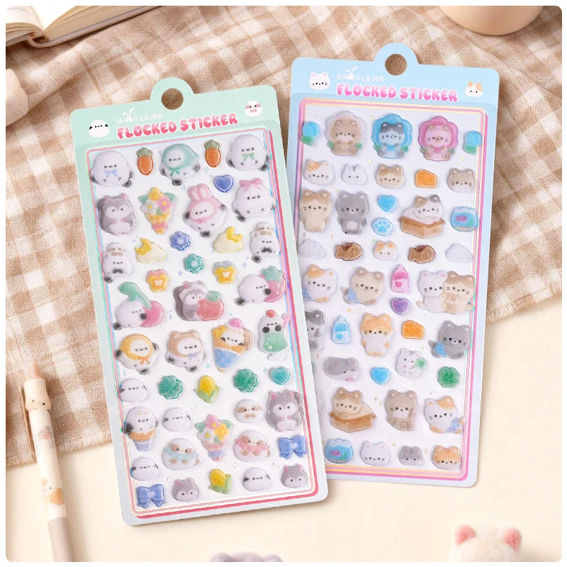 1 pc/6 pcs Cartoon Animals Flocked 3D Relief Stickers Journaling DIY Diary Cute Stationery Sticker