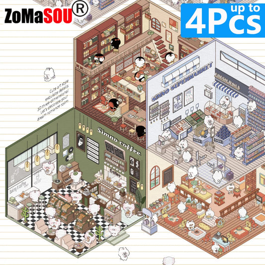 1-4Pcs Cartoon Miniature Scene 3D Landscaping Stickers DIY Cabin Scene