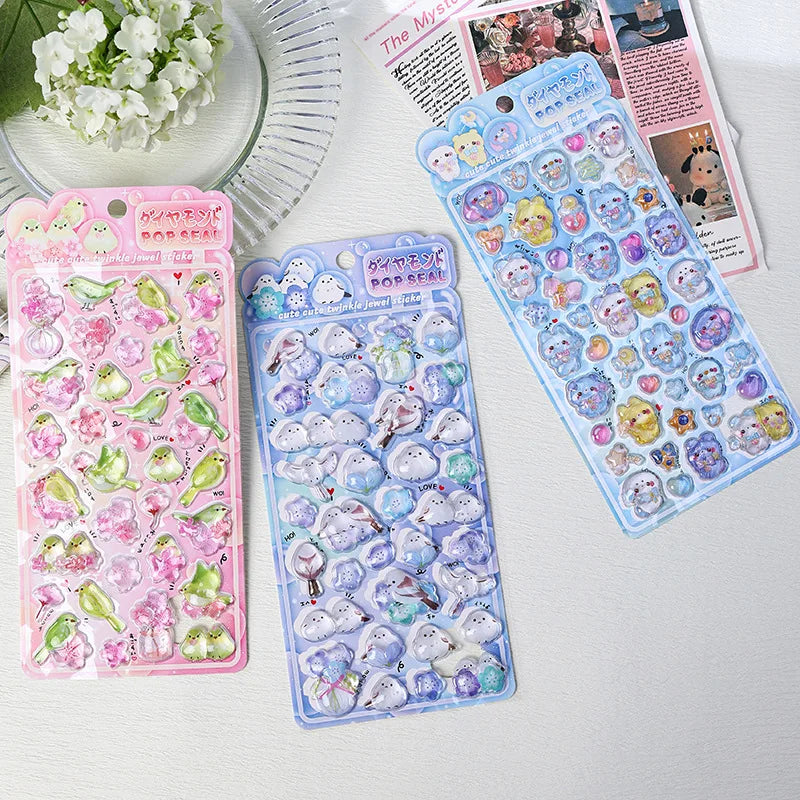 1 pc/4 pcs Cute Cartoon Birds Bear Drop 3D Relief Stickers Journaling DIY Diary Stationery Sticker