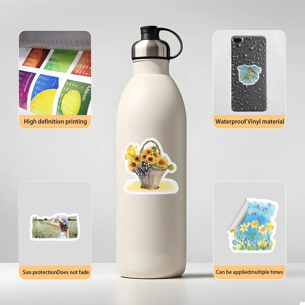 50PCS Watercolor Spring Graffiti Stickers - Waterproof Decorative Stickers
