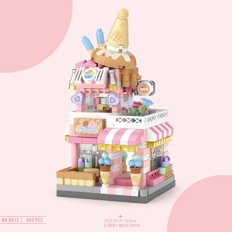 City Street View Building Block Set DIY Ice Cream Coffee Flower Shop Model Building Toy
