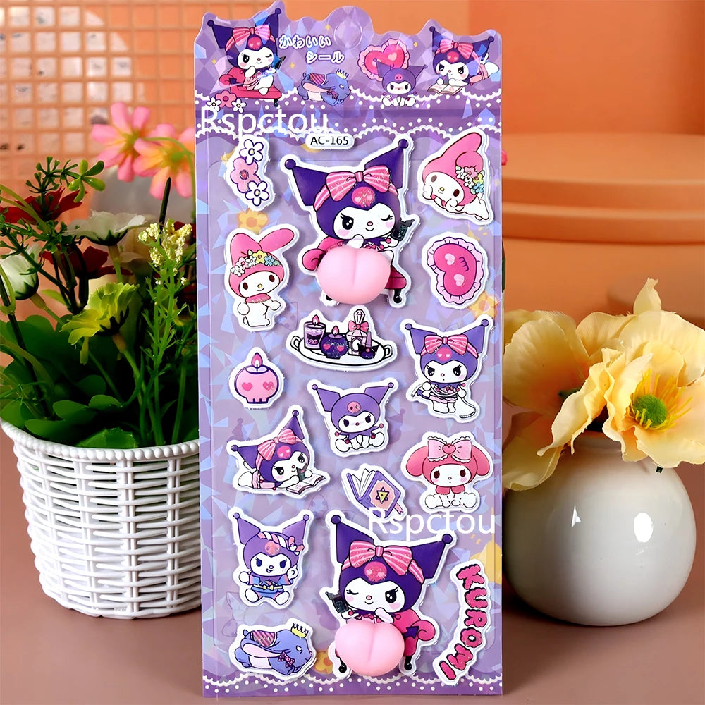 4pcs Cute Sanrio Butt 3D Relief Stickers Kuromi Melody Creative Squeeze Decompression Decals