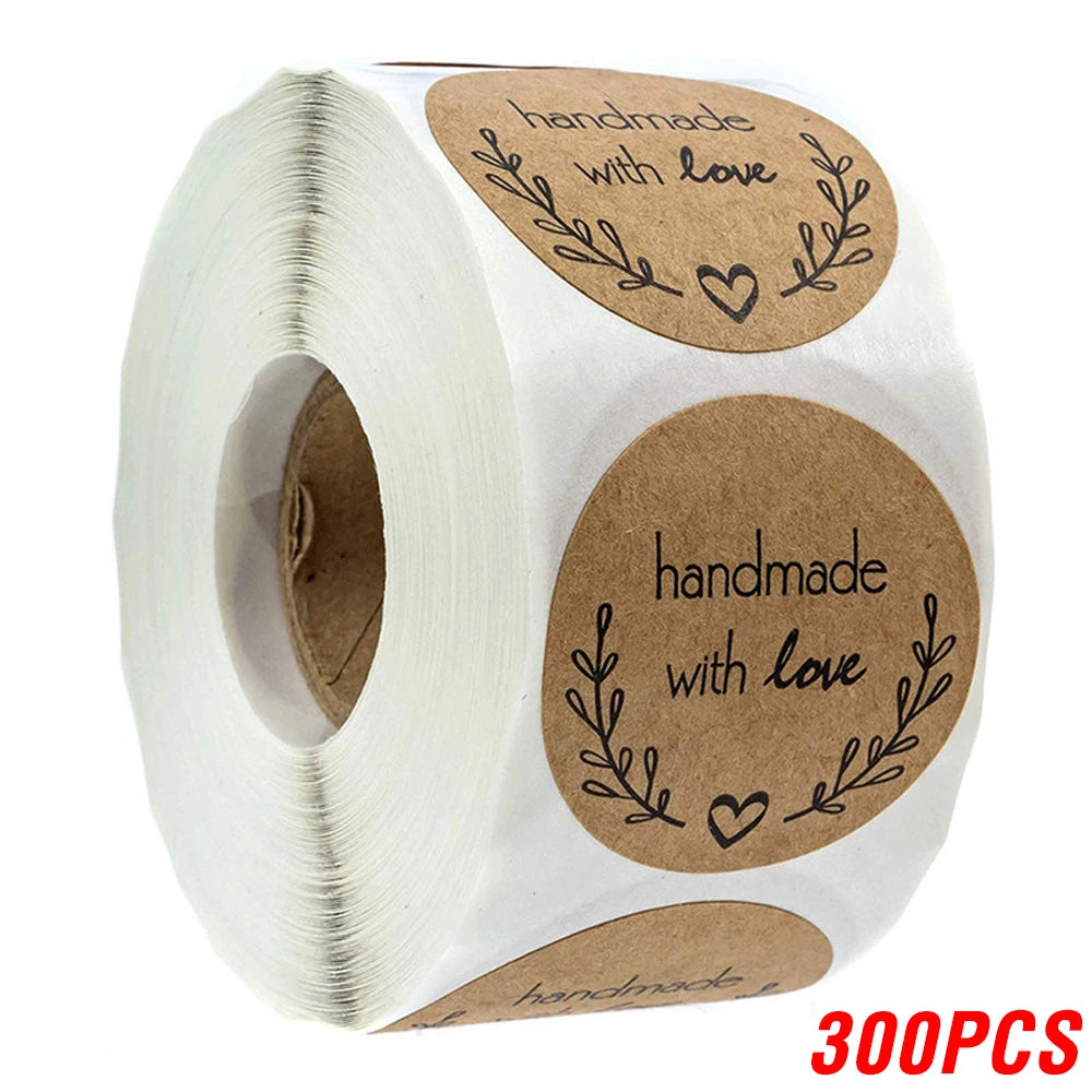 100-500pcs 1inch Vintage Kraft Paper Handmade With Love Stickers for Package Thank You Stationery