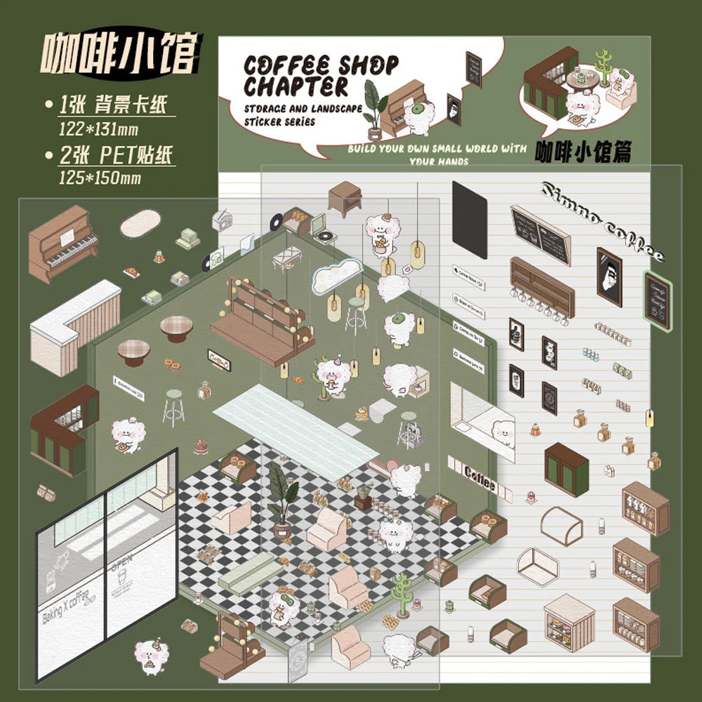 1-4Pcs Cartoon Miniature Scene 3D Landscaping Stickers DIY Cabin Scene