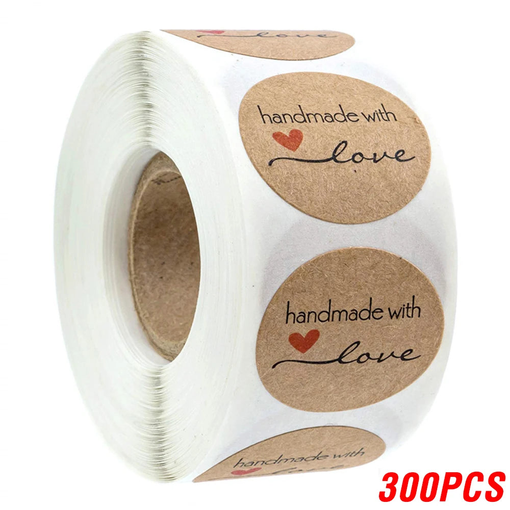 100-500pcs 1inch Vintage Kraft Paper Handmade With Love Stickers for Package Thank You Stationery