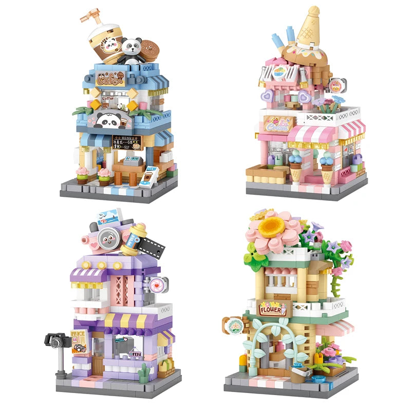 City Street View Building Block Set DIY Ice Cream Coffee Flower Shop Model Building Toy