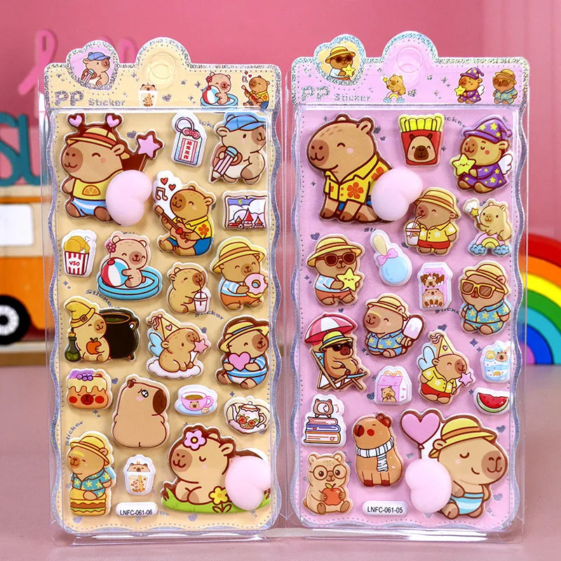 2PCS Cartoon Sticker 3D Puffy Squishy Stress Relief Rabbit Capybara Bear for Phone Case Laptop Decoration