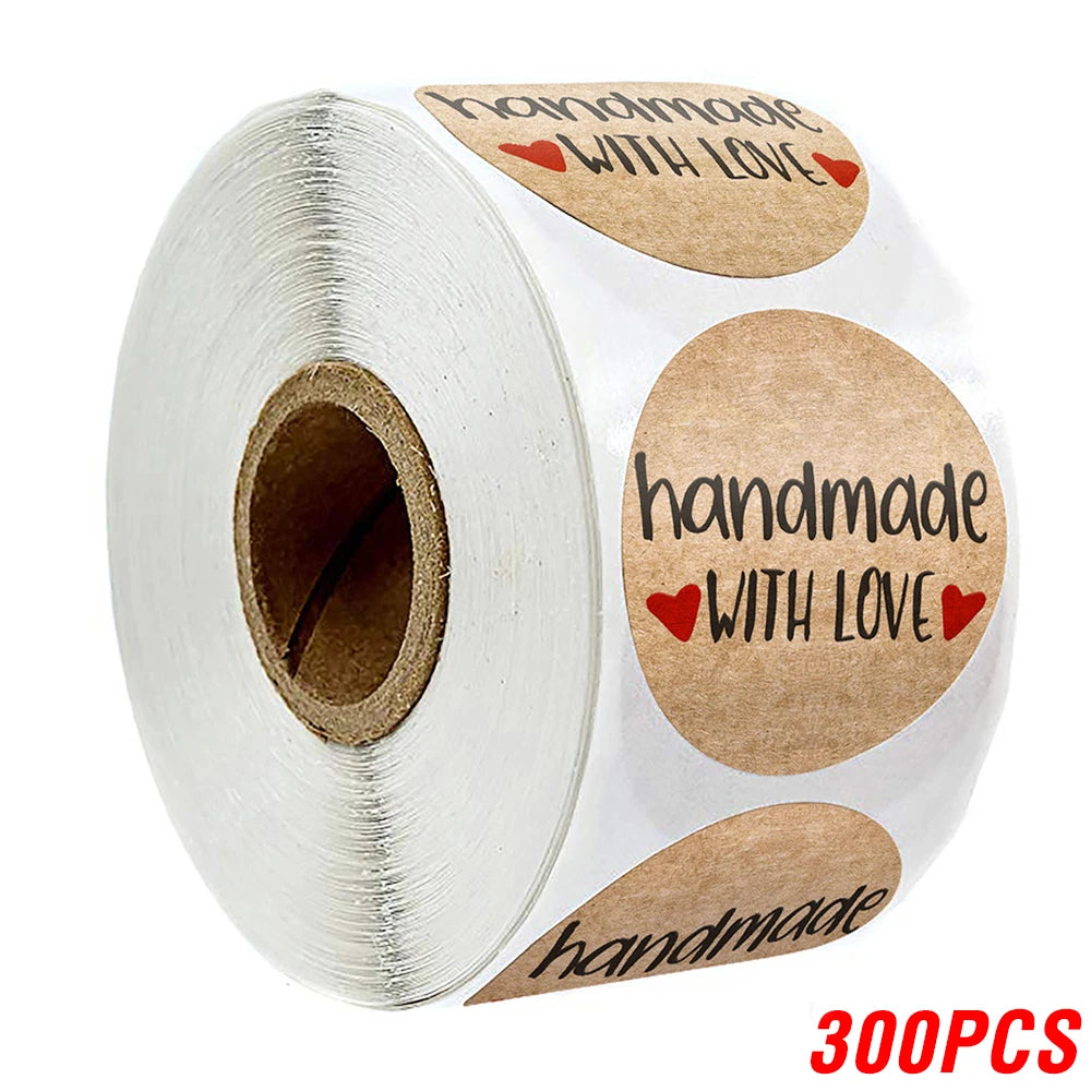 100-500pcs 1inch Vintage Kraft Paper Handmade With Love Stickers for Package Thank You Stationery