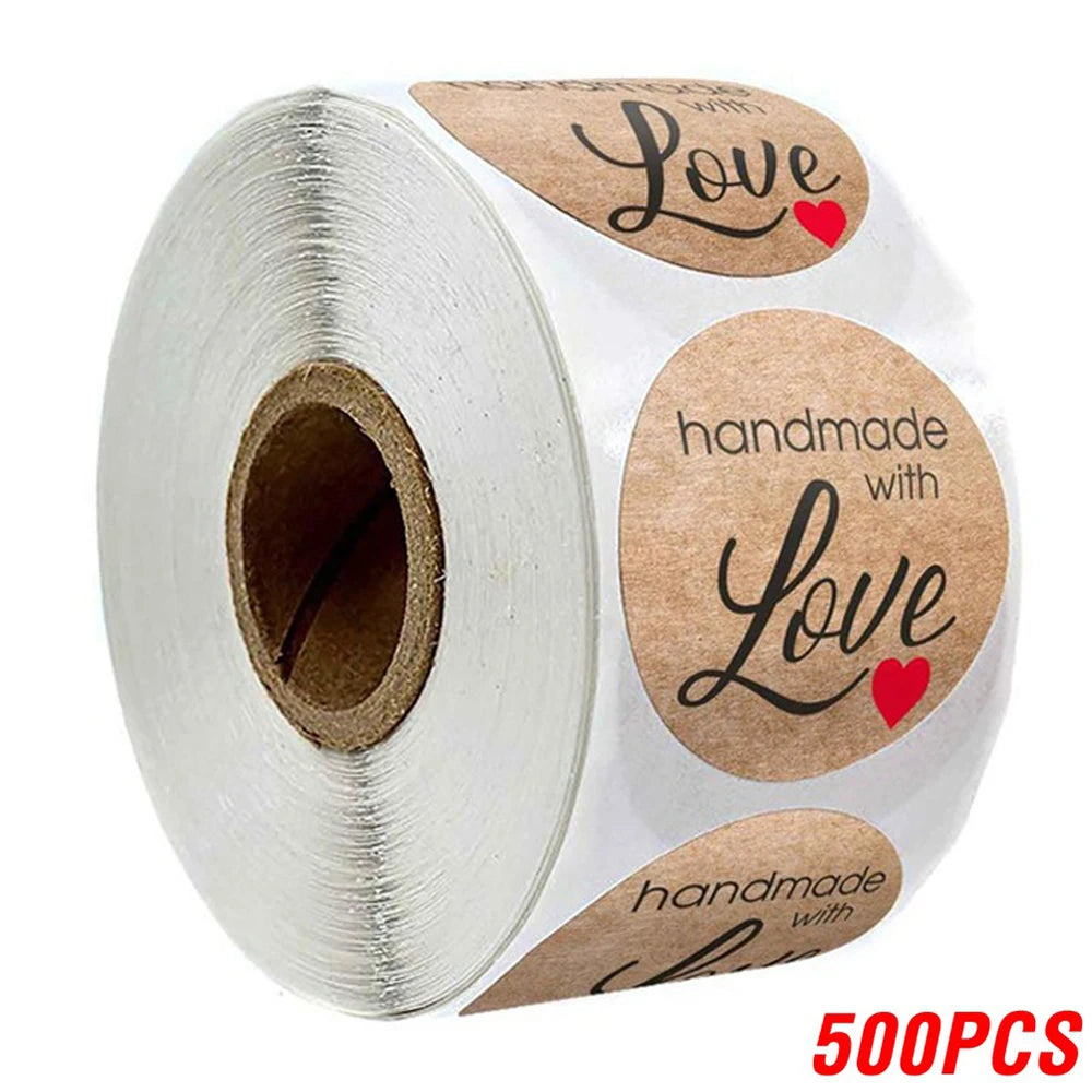 100-500pcs 1inch Vintage Kraft Paper Handmade With Love Stickers for Package Thank You Stationery