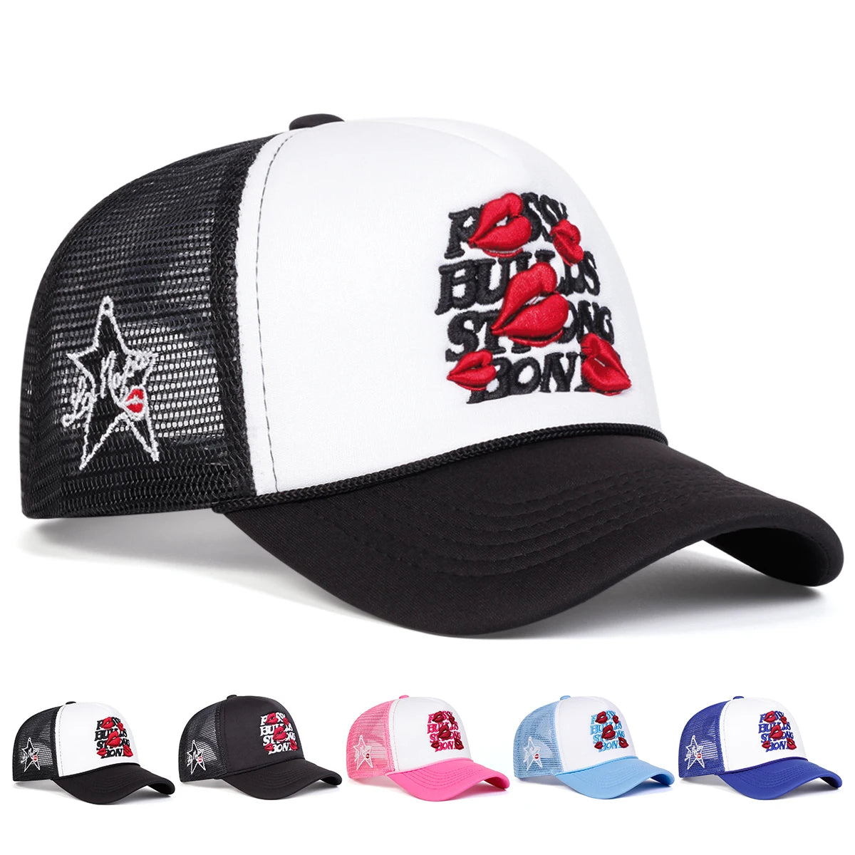 Unisex Lips Embroidered Mesh Baseball Cap – Adjustable Hat