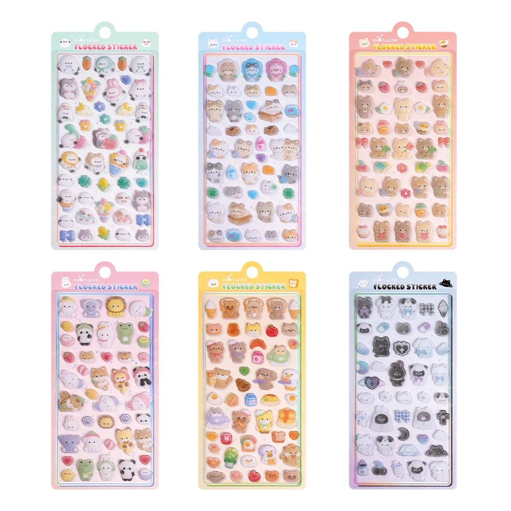 1 pc/6 pcs Cartoon Animals Flocked 3D Relief Stickers Journaling DIY Diary Cute Stationery Sticker