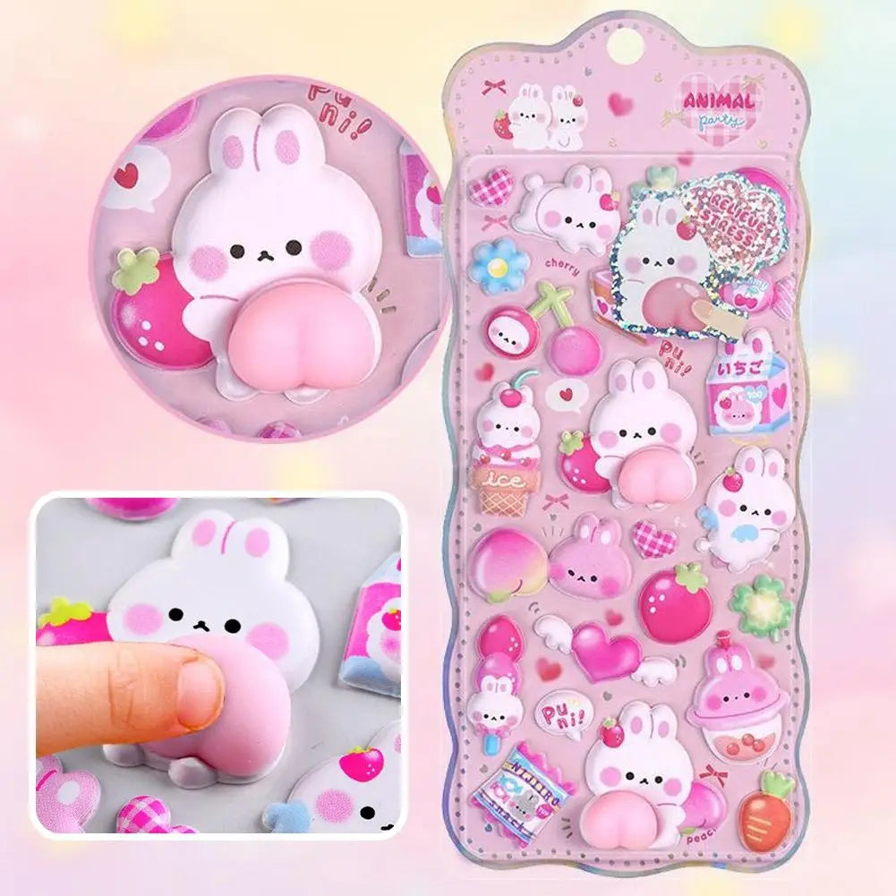 Kawaii Cartoon Soft Cute Little Rabbit 3D Pinching Relaxing Butt Stickers Cute DIY Mobile Book Decoration Stickers