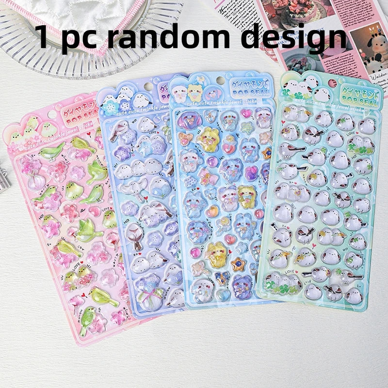 1 pc/4 pcs Cute Cartoon Birds Bear Drop 3D Relief Stickers Journaling DIY Diary Stationery Sticker