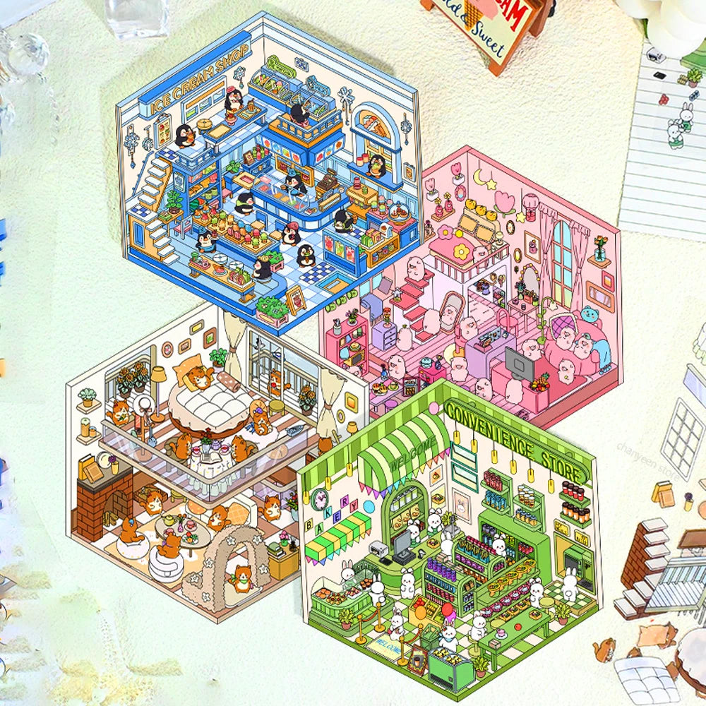 3D Landscaping Stickers Cartoon Miniature Scene Visual Stacking Three-dimensional Stickers