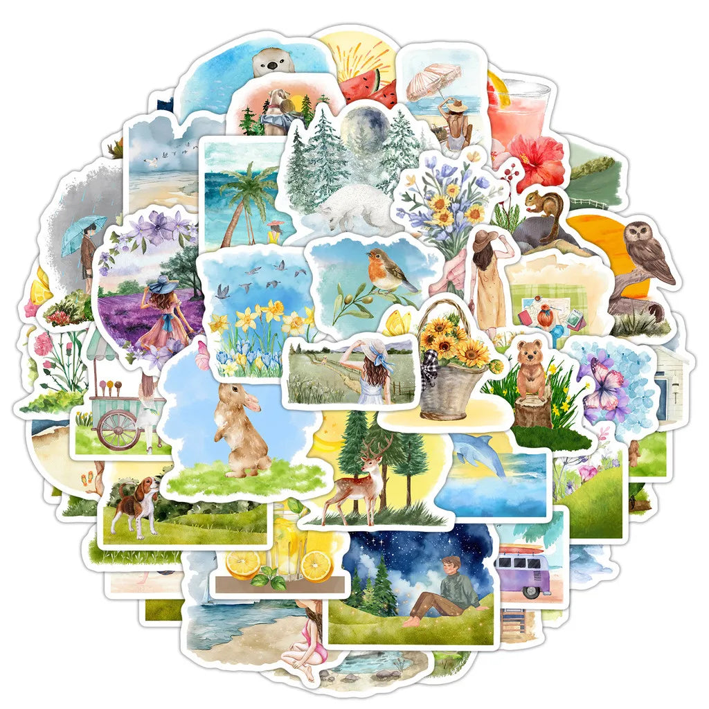 50PCS Watercolor Spring Graffiti Stickers - Waterproof Decorative Stickers