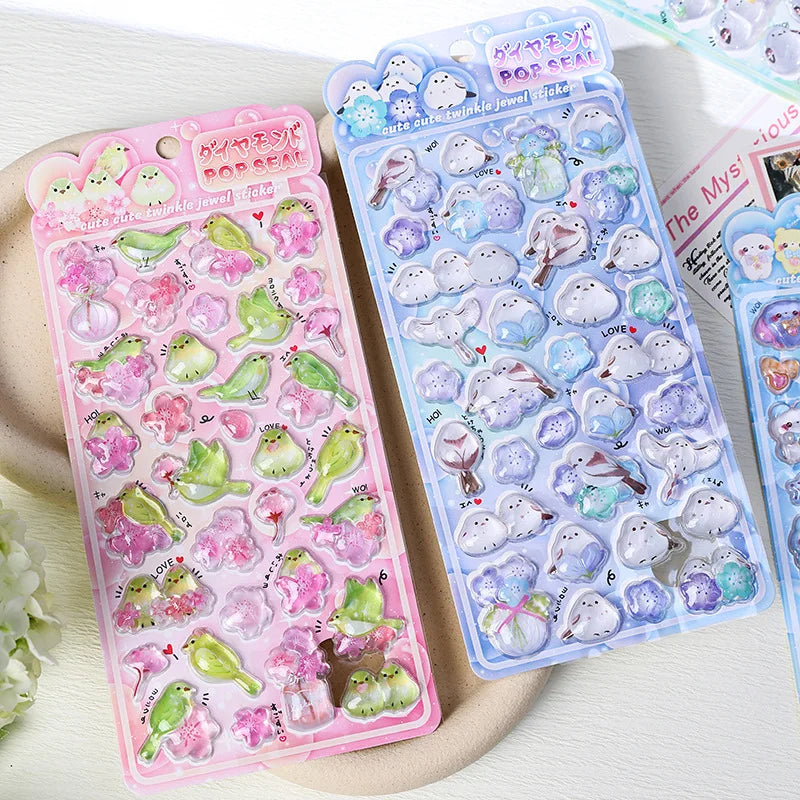 1 pc/4 pcs Cute Cartoon Birds Bear Drop 3D Relief Stickers Journaling DIY Diary Stationery Sticker