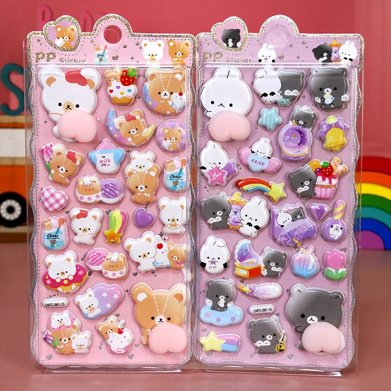 2PCS Cartoon Sticker 3D Puffy Squishy Stress Relief Rabbit Capybara Bear for Phone Case Laptop Decoration