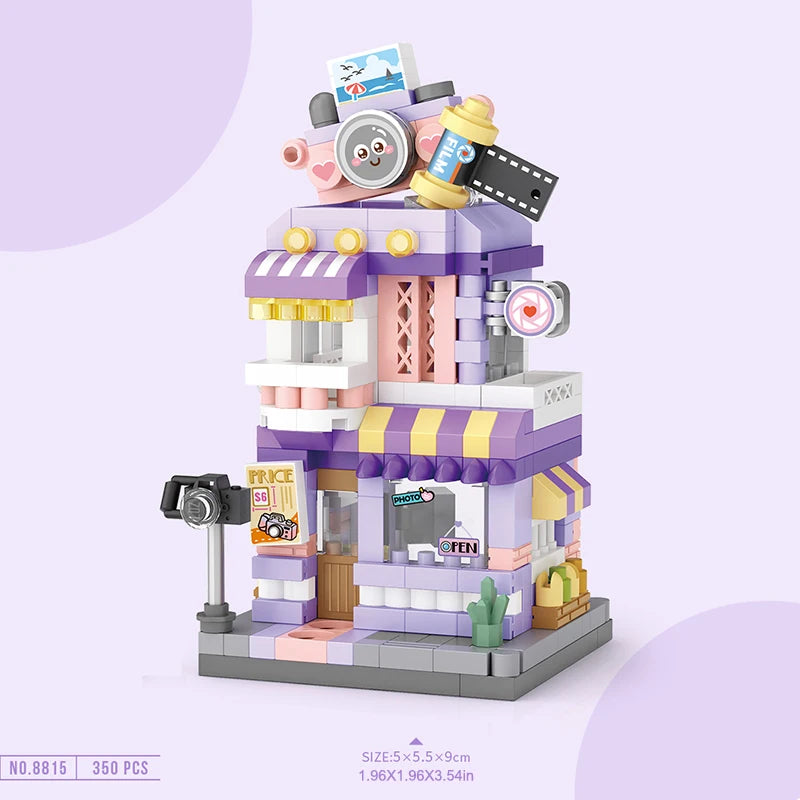 City Street View Building Block Set DIY Ice Cream Coffee Flower Shop Model Building Toy