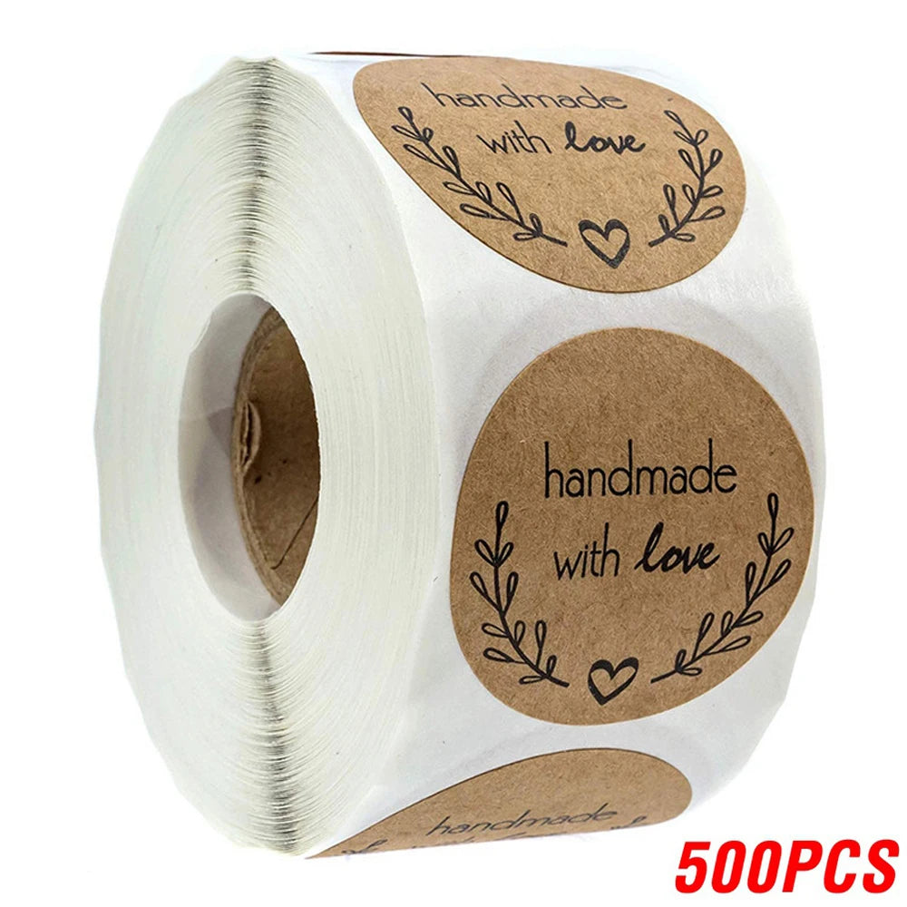 100-500pcs 1inch Vintage Kraft Paper Handmade With Love Stickers for Package Thank You Stationery