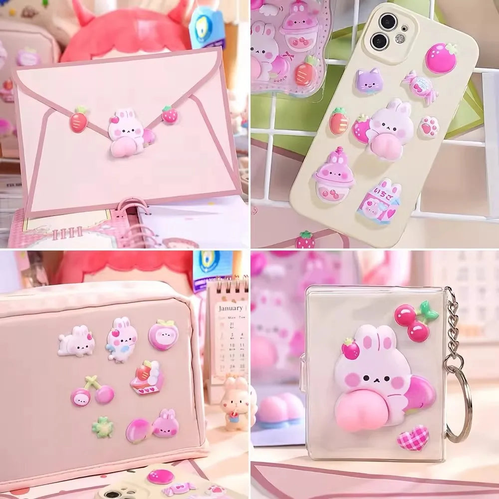 2PCS Cartoon Sticker 3D Puffy Squishy Stress Relief Rabbit Capybara Bear for Phone Case Laptop Decoration