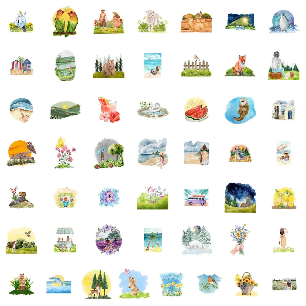 50PCS Watercolor Spring Graffiti Stickers - Waterproof Decorative Stickers